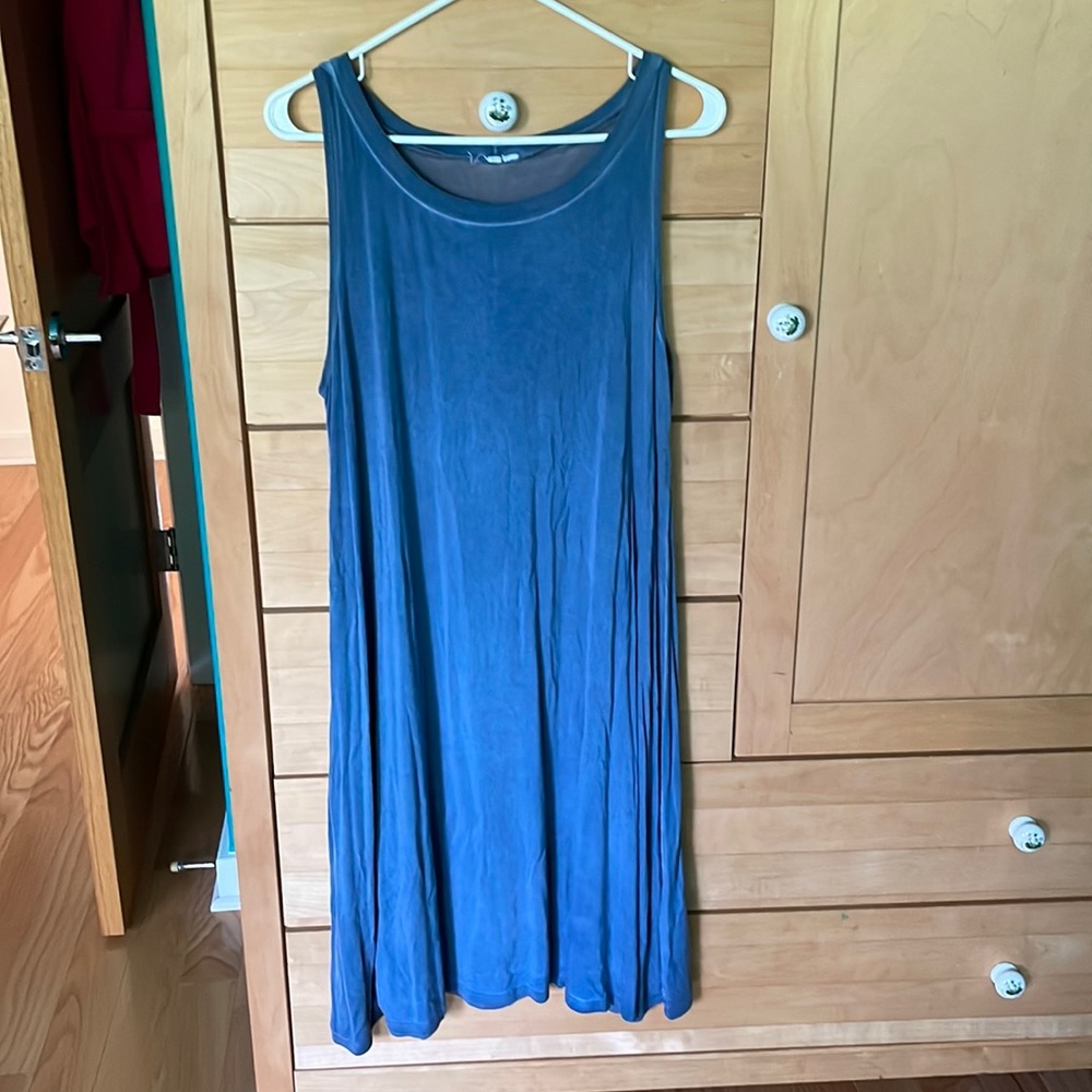 Blue Shift Dress with Sheer Neckline